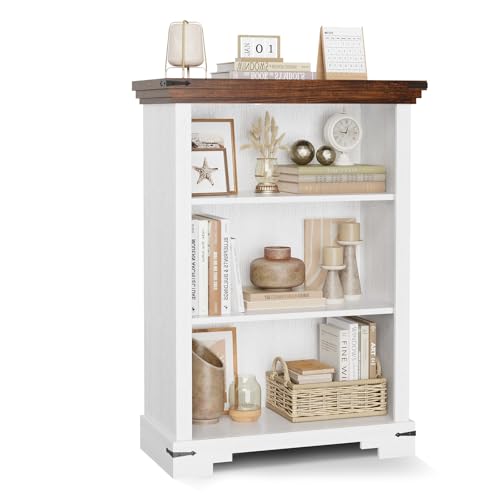 White 3-Tier Farmhouse Bookshelf for Study Room with Adjustable Shelf - Small Wooden Bookcase