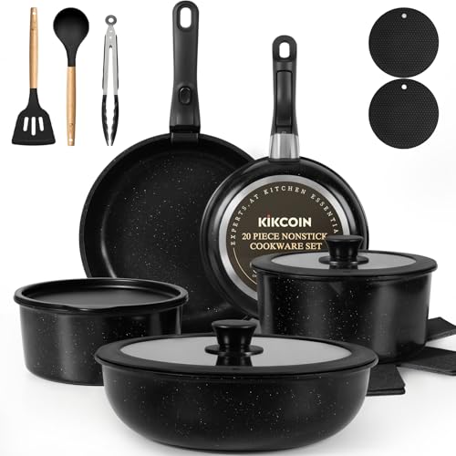 Black Nonstick Cookware Set - 20 Pack Stackable Pots & Pans with Detachable Handles