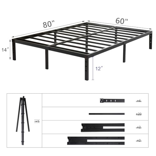 Wulanos Queen Size Heavy Duty Metal Bed Frame 14 Inch Platform with Steel Slats Support, Noise-Free & Ample Storage