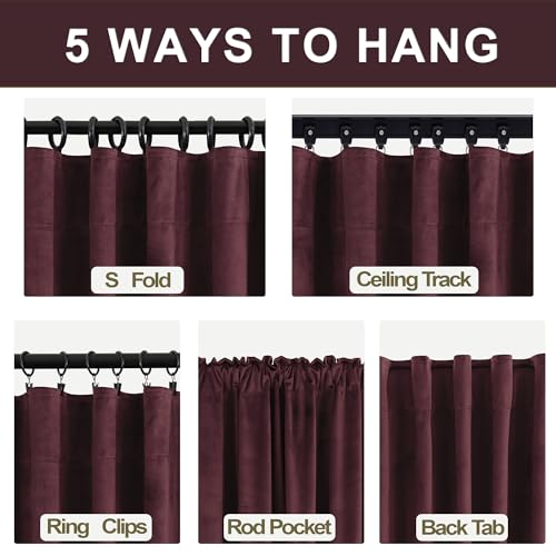Dark Burgundy Velvet Blackout Curtains 52W x 84L - 2 Panels, Thermal Insulated