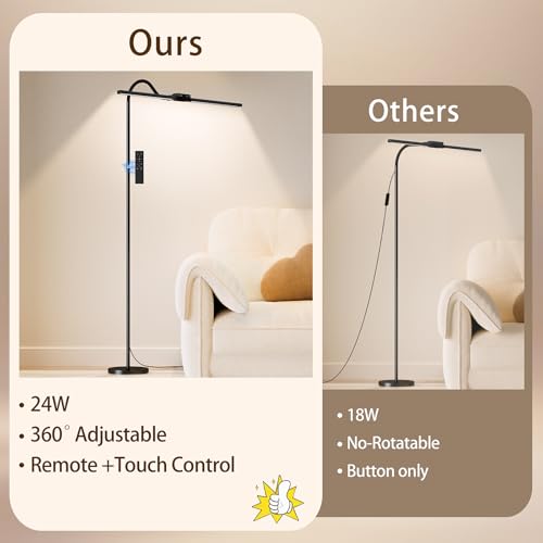 Black Dual-Head Dimmable LED Floor Lamp with Remote & Touch Control - Adjustable Gooseneck, Eye-Caring Tall Lamp for Living Room, Bedroom & Office