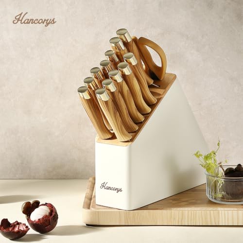 Hancorys Gold Wood 15-Piece Kitchen Knife Set with Block & Sharpener