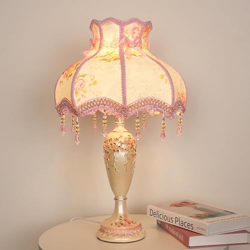 Pink Fabric Shade Table Lamp with Antique Flower Decor - Handmade Night Light for Bedroom