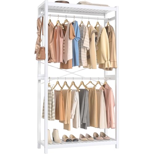 White Bamboo Clothing Rack with Shelves - 33.5” Wide, 78.8” Tall, Double Hanging Rods