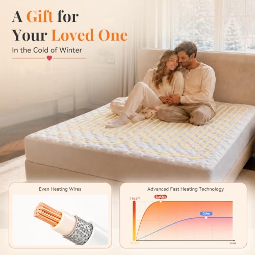 SurChic Queen Size Heated Mattress Pad - Coral Fleece Electric Bed Warmer with Dual Controls, 10 Heat Settings, Auto Shut Off, 21” Deep Pocket, Machine Washable