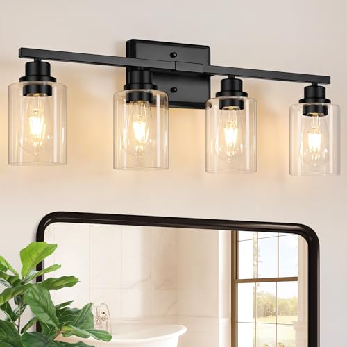 Unicozin Black 4-Light Vanity Light Fixture for Bathroom Mirror - Modern Wall Lamp with Clear Glass Shades