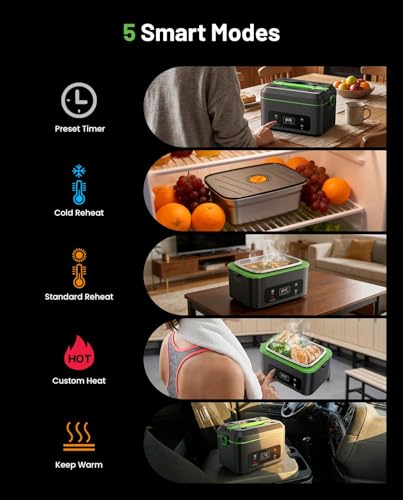 TaskStar Green Heated Lunch Box 100W Cordless Food Warmer with Scheduled Heating & Leakproof 1.2L