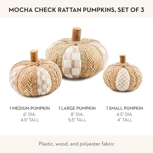 MacKenzie-Childs Rattan Pumpkin Set with Mocha Check, Fall Decor, Handmade Autumn Gift