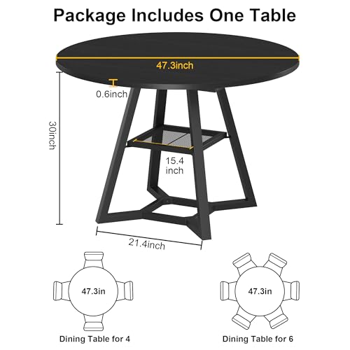 Black 47-Inch Round Dining Table for 4 with Pedestal Metal Frame Kitchen & Dining