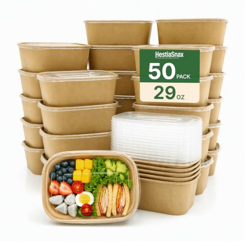 HestiaSnax 29oz Disposable Kraft Paper Meal Prep Containers with Lids - 50 Pack