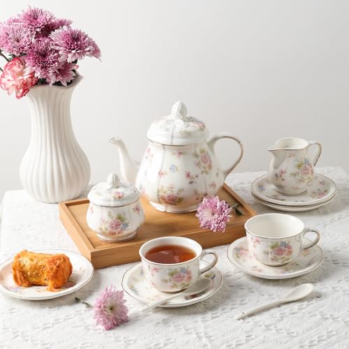 Sweejar Small Flower Floral Tea Set for 6 with Teapot & Saucers – Gold Rim Porcelain, Elegant Gift