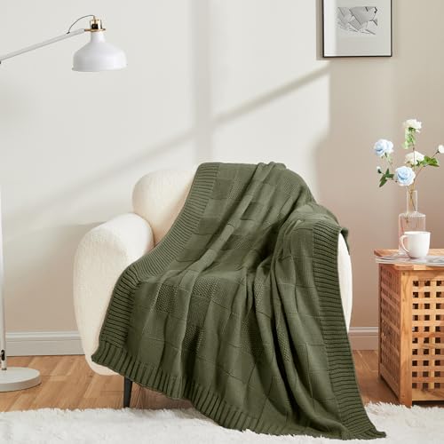 Olive Green Knitted Checkered Throw Blanket 50x60 Inches - Cozy & Stylish
