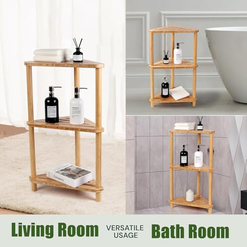 3-Tier Corner Shower Caddy Stand - Bathroom Organizer, Rustic Bamboo