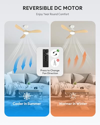 VONLUCE 42 Inch Wooden Ceiling Fan with Lights, White, Downrod Mount, Natural Wood Finish
