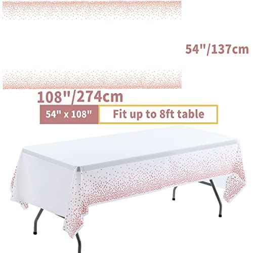 108"x54" 2 Packs Rose Gold White Tablecloth for Parties Rectangle Table, Dot Confetti Rectangular Plastic Table Cover, Thanksgiving Christmas, Wedding, Anniversary, Baby Shower, Birthday