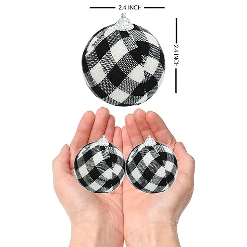 Phedrew 24pcs Buffalo Plaid Christmas Ornaments 2.4" White/Black Hanging Xmas Balls