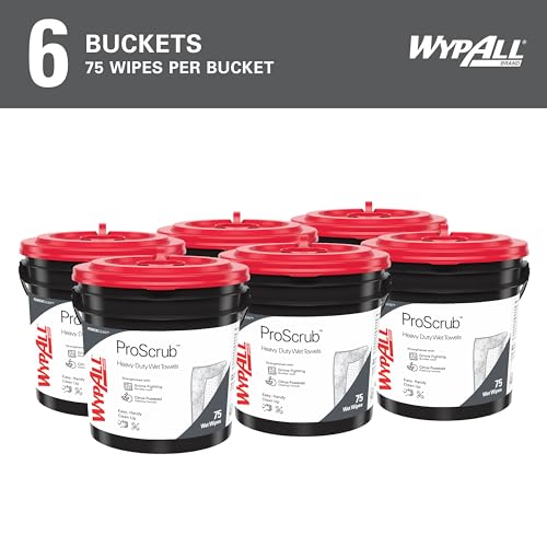 WypAll PowerClean ProScrub Heavy Duty Wet Towels with Bucket Included, 75 Sheets per Container