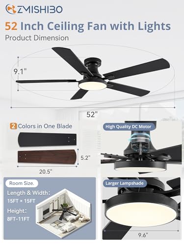 52 Inch Flush Mount Ceiling Fan with Light and Remote - Black Variation