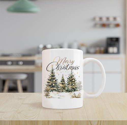 Kunlisa Christmas Tree Mug - Rustic Gold Bubbles Snowflake Ceramic Coffee Cup 11oz