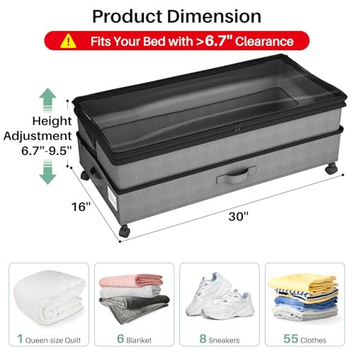 Kitstorack 4 Pack Gray Under Bed Storage Containers with Wheels & Clear Window