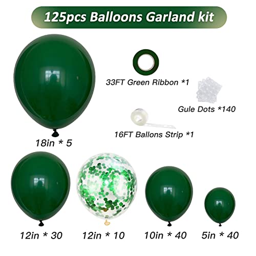 Green Balloons Garland Arch Kit 125pcs Different Sizes 18 12 10 5 Inch Emerald Dark Green and Green Confetti Latex Balloons for Anniversary Birthday Party Graduation Jungle Theme Christmas Decorations