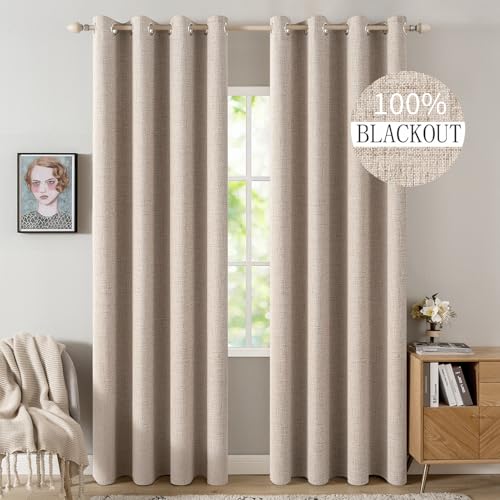 Blackout Linen Curtains for Bedroom 52x96 Inches - Beige, Pack of 2, Triple Weave Technology