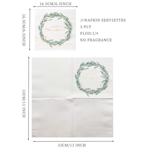 Green & Gold Wreath Christmas Paper Napkins - 6.5 x 6.5 Inches, 25-Count