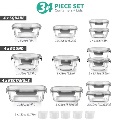Glass Food Storage Containers Set - 34-Piece Airtight Meal Prep Lids - Gray