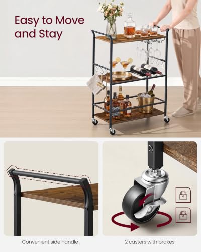VASAGLE Rustic Brown & Matte Black Bar Cart with Wheels, Wine Rack & Glass Holder 25.4"D x 12.6"W x 33.7"H