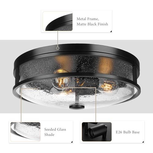 Rosient 16 Inch Large Black Flush Mount Ceiling Light Fixture with Seeded Glass - Modern Farmhouse Indoor Outdoor Lighting for Kitchen, Dining & Living Room - ROS88-Large