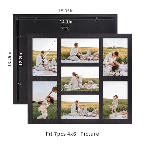 Rustic Black 13x15 Inch 4x6 Photo Collage Frame Wall Decor with Tempered Glass - 7 Openings, 1 Pack