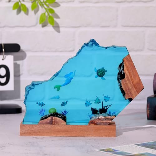 Drawelry Ocean Turtle Epoxy Resin Wood Night Lamp - Handmade Wave Sea Decor S