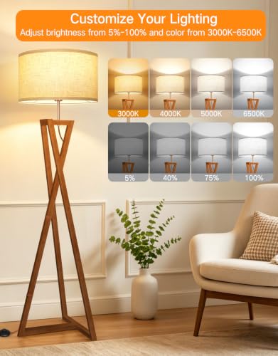 OUTON 62-Inch Wooden Tripod Floor Lamp with Remote, Dimmable Mid-Century Modern Amber Walnut