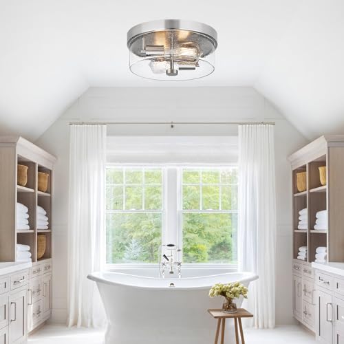 Brushed Nickel 2-Light Flush Mount Ceiling Light Fixture with Seeded Glass Shade for Porch, Hallway, Bathroom, Dining Room, Foyer - SZZGCO