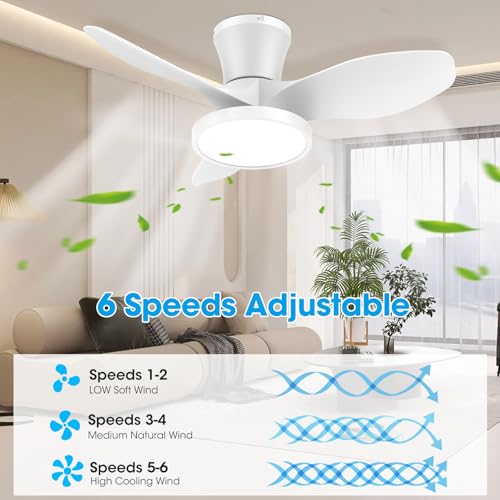 Quiet 32 Inch Ceiling Fan with LED Light & Remote Control - White, Reversible DC Motor