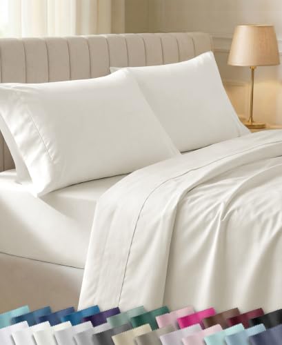 Ivory King Bed Sheet Set - 100% Cotton Sateen, 4-Piece, Deep Pockets