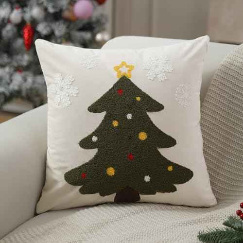 Christmas Pillow Covers 18x18 inch Set of 2 Forest Green Christmas Tree Snowflakes Embroidery Velvet Throw Pillow Winter Holiday Christmas Decorations for Sofa Living Room PT-001A18