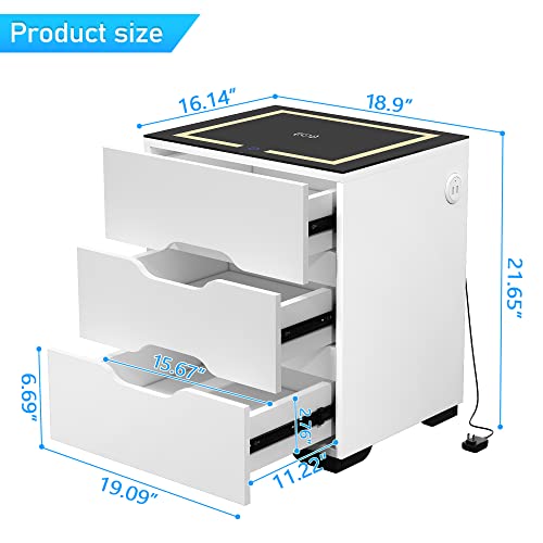 White Smart Nightstand with Wireless Charging & Adjustable LED Lights - 3 Drawer Bedside Table
