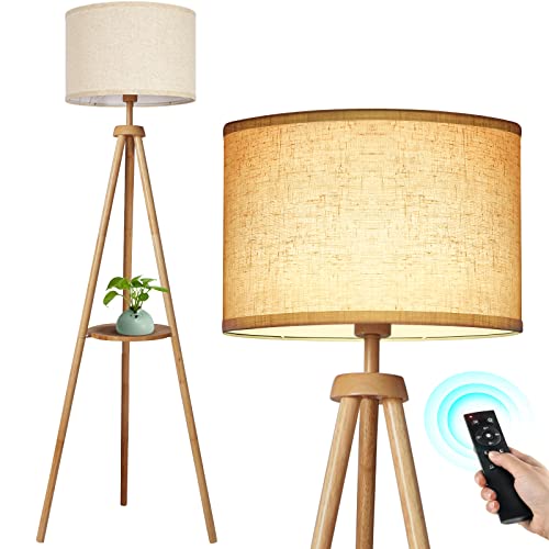 Wood Tripod Floor Lamp with Shelves - Mid Century Dimmable Standing Lamp with Remote Control and 4 Color Temperatures