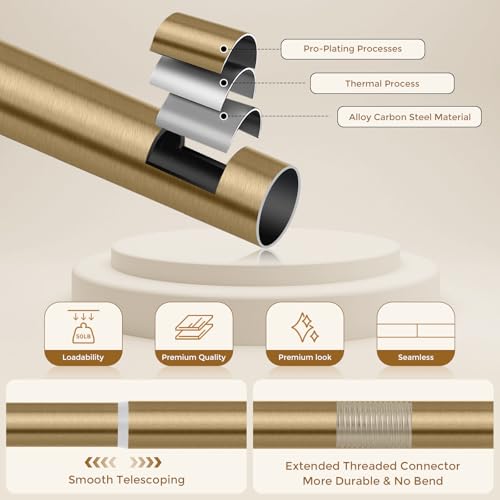 Wolistsa Heavy Duty Antique Brass Curtain Rod 36-184 Inch Warm Gold - Single Pack, Adjustable & Seamless