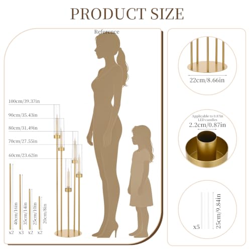 2PCS Gold Floor Candle Holders with Acrylic Lampshades - 5 Arm Candelabra Set - Elegant Event Decor