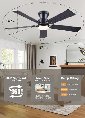 JSAITEE 52in Black Flush Mount Ceiling Fan with Remote & Dimmable LED Light