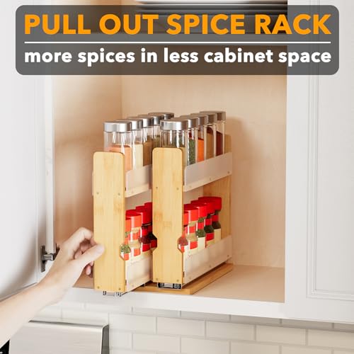 SpaceAid Bamboo Pull Out Spice Rack Organizer for Cabinet - 5.1" Wide, 2-Tier, 2 Drawers Natural
