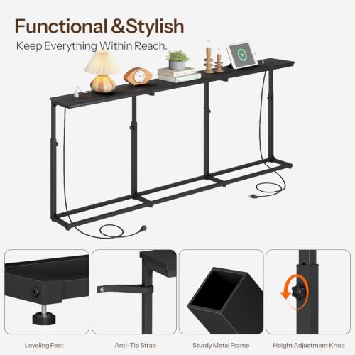 HOOBRO 78.7-Inch Black Narrow Console Table with 5-Height Settings & Built-In Charging Stations — Behind Couch, Slim Design