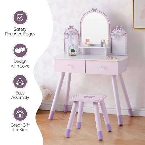 Kids Vanity Table Set with Mirror & Storage - Purple Girls Dress Up Furniture