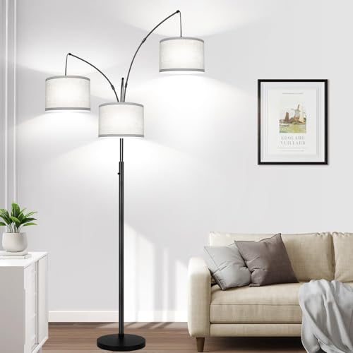 Nintiue Matte Black Arc Floor Lamp with Grey Linen Shades, 3 Lights, Dimmable 3000LM LED Bulbs, Heavy Base, Modern Tall Standing Tree Lamp for Living Room & Bedroom