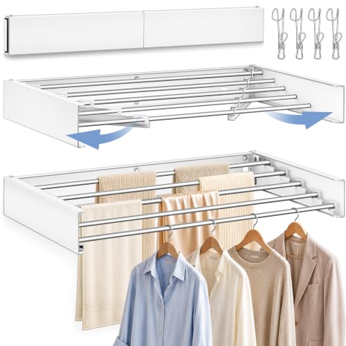 Wall Mounted Clothes Drying Rack 32'' Foldable Laundry Hanger with Hooks