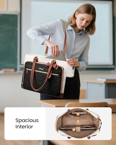 LOVEVOOK 15.6 Inch Insulated Lunch Tote Bag for Women with Large Capacity & Cup Holder - Beige-Black-Brown
