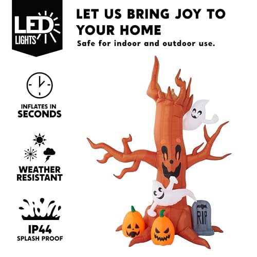 8FT Halloween Inflatable Scary Tree with Ghost, Pumpkins & Tombstone - LED Yard Decor