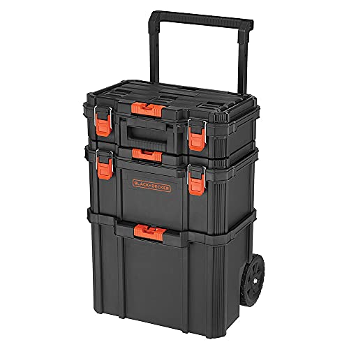 Stackable Tool Storage System - 3 Piece Set with Rolling Tote and Toolboxes